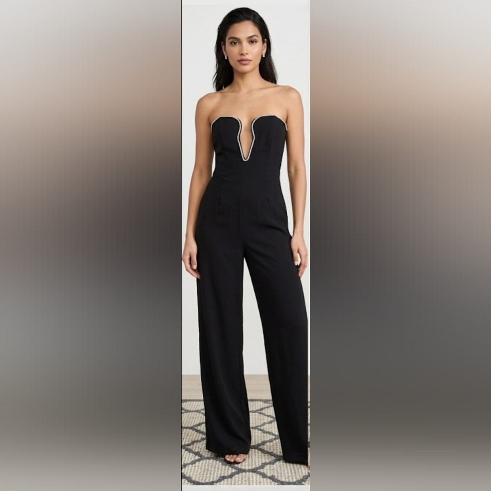 NWT Club London JULIA Black Extreme Plunge Cut Out Wide Leg Jumpsuit Size 12
